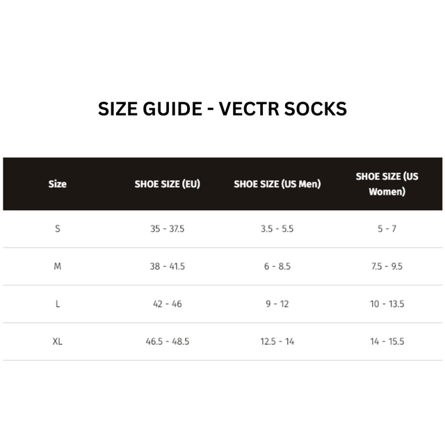 2XU - Vectr Socks - Size Guide