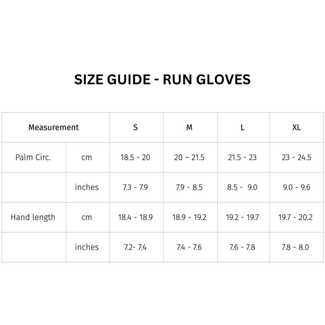 2XU - Run Gloves - Size Guide