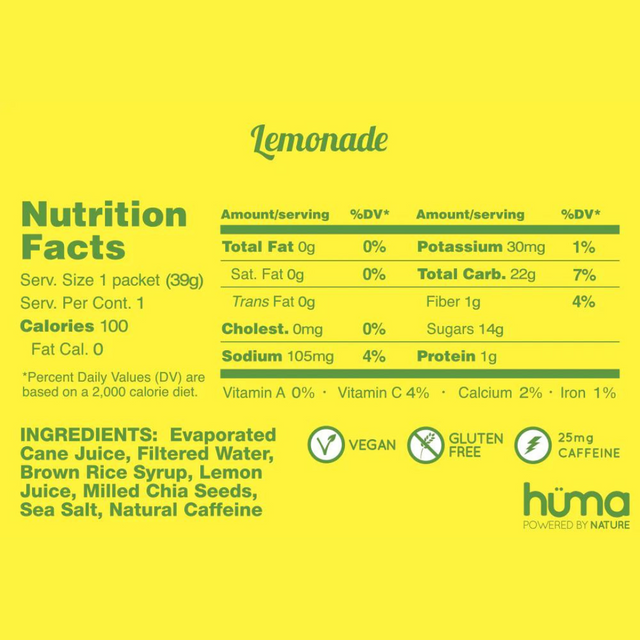 Huma Gel - Original - Lemonade (with caffeine) - Nutrition Chart