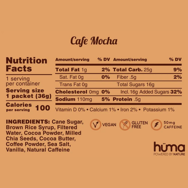 Huma Gel - Original - Cafe' Mocha (with caffeine) - Nutrition Chart