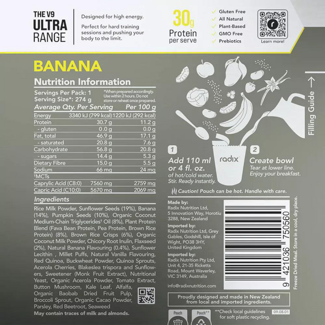 Radix Nutrition - Ultra Breakfast v9.0 - Banana - Nutrition