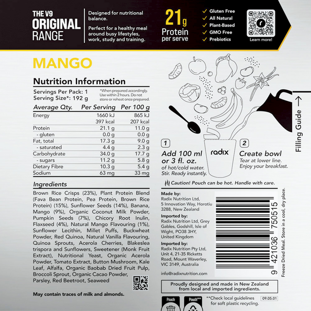 Radix Nutrition - Original Breakfast v9.0 - Mango - Nutrition