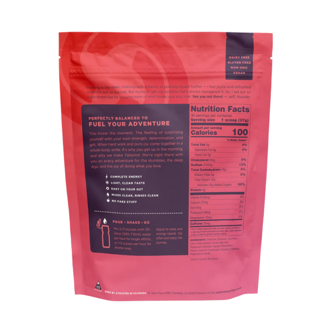 Tailwind Nutrition - Caffeinated Endurance Fuel Bag - Raspberry (810g) - Back