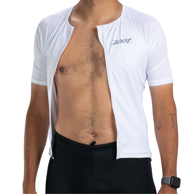 Zoot Men's Core Tri Aero Jersey in White colourway - close-up of front zipper open