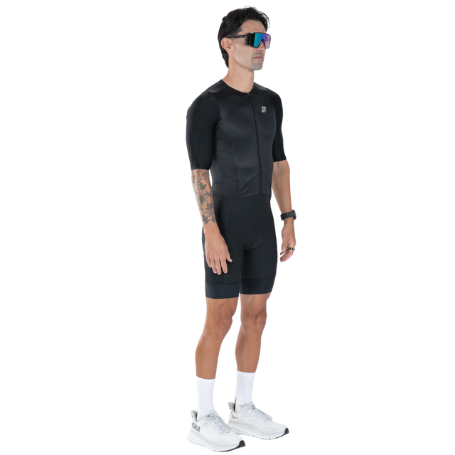 Zoot Men's Elite P1 Tri Aero FZ Racesuit in Jet Black colourway - front angle view