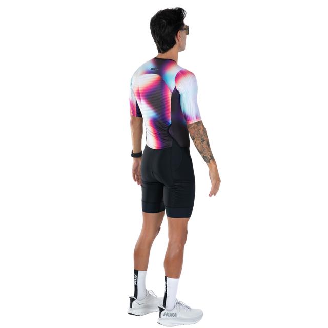 Zoot Men's Elite P1 Tri Aero FZ Racesuit in Sonic Shift colourway - back angle view, alternate