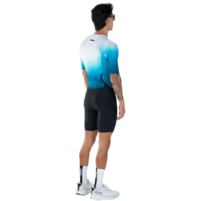 Zoot Men's Elite P1 Tri Aero FZ Racesuit in Sonic Wave colourway - back angle view