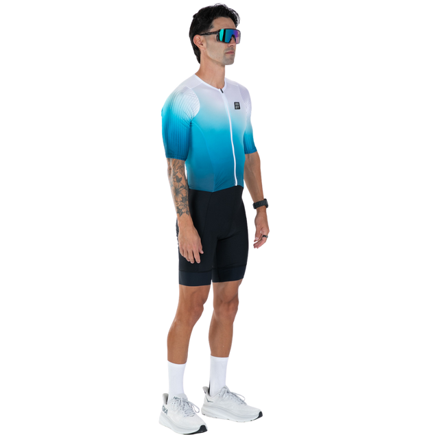 Zoot Men's Elite P1 Tri Aero FZ Racesuit in Sonic Wave colourway - front angle view