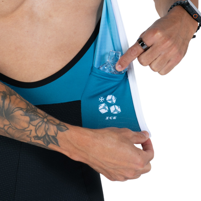 Zoot Men's Elite P1 Tri Aero FZ Racesuit in Sonic Wave colourway - close-up of jersey ice pocket
