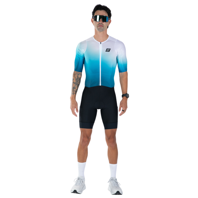 Zoot Men's Elite P1 Tri Aero FZ Racesuit in Sonic Wave colourway - front view