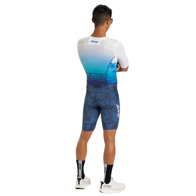 Zoot Men's Ltd Tri Aero FZ Racesuit in Paradise colourway - back angle view