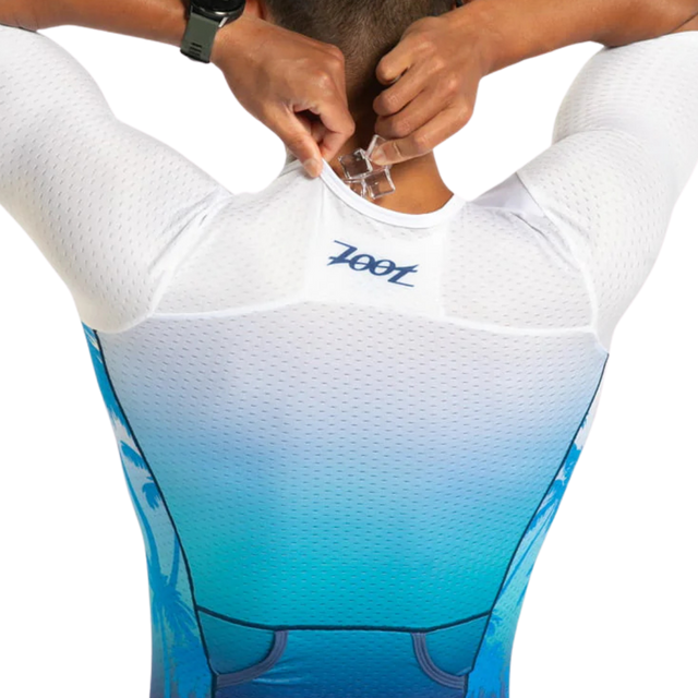 Zoot Men's Ltd Tri Aero FZ Racesuit in Paradise colourway - close-up of back ice pocket