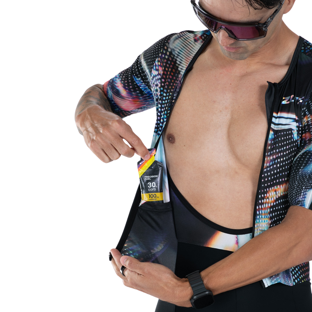 Zoot Men's Ultra Tri P1X Racesuit in Afterburn colourway - close-up of nutrition pocket