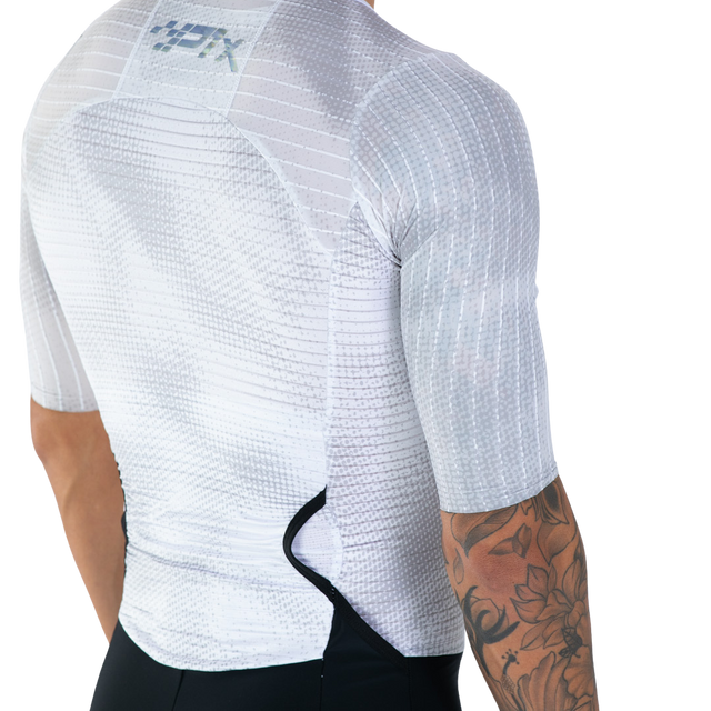 Zoot Mens Ultra Tri P1X Racesuit in Chrome, back fabric print detail