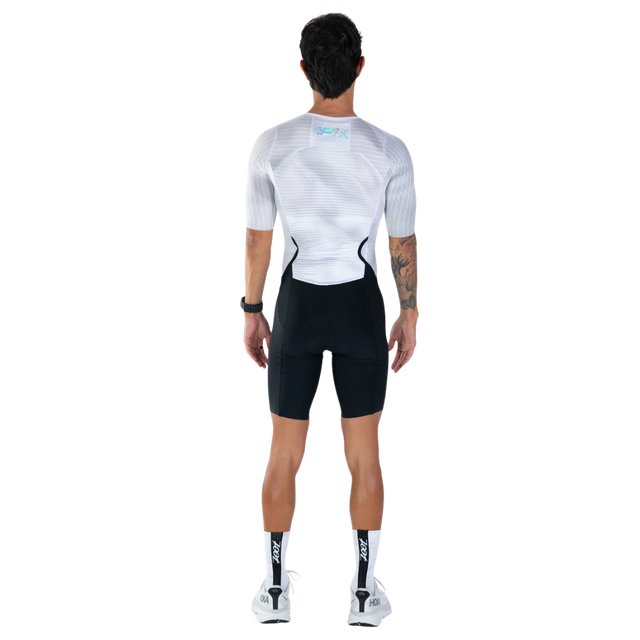 Zoot Mens Ultra Tri P1X Racesuit in Chrome, back view on model