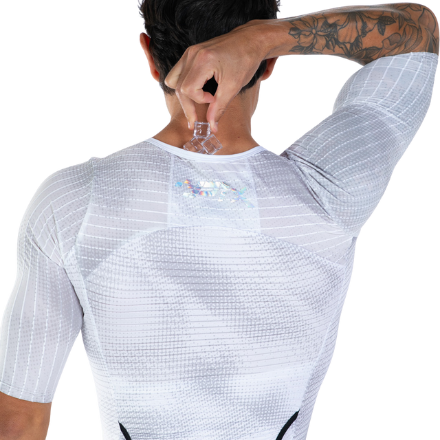 Zoot Mens Ultra Tri P1X Racesuit in Chrome, ice pocket detail on the back