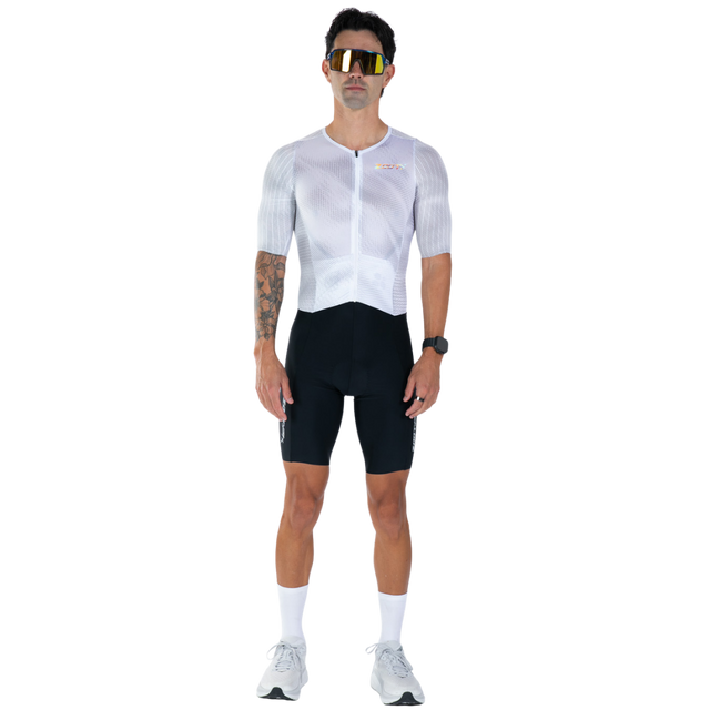 Zoot Mens Ultra Tri P1X Racesuit in Chrome, front view on model