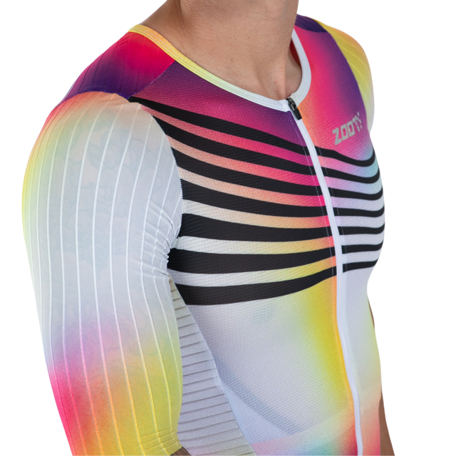 Zoot Men's Ultra Tri P1X Racesuit in Eclipse colourway - close-up of front sublimation print detail