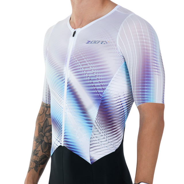 Zoot Men's Ultra Tri P1X Racesuit in Nova colourway - close-up of front sublimation print detail