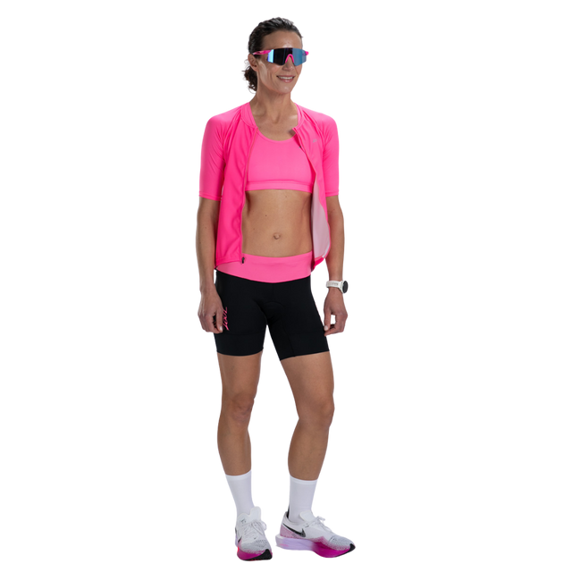 Zoot Women's Core Tri Jersey in Bright Pink colourway - close-up of front zipper open