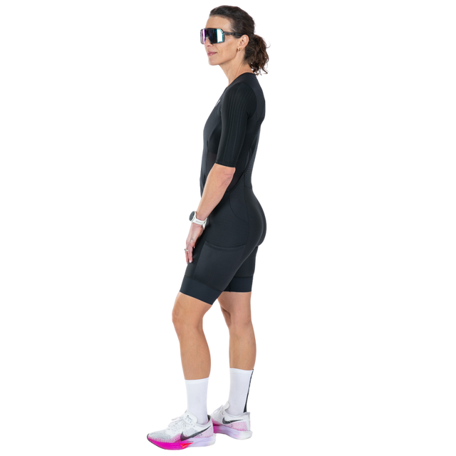Zoot Women's Elite P1 Tri Aero FZ Racesuit in Jet Black colourway - side view
