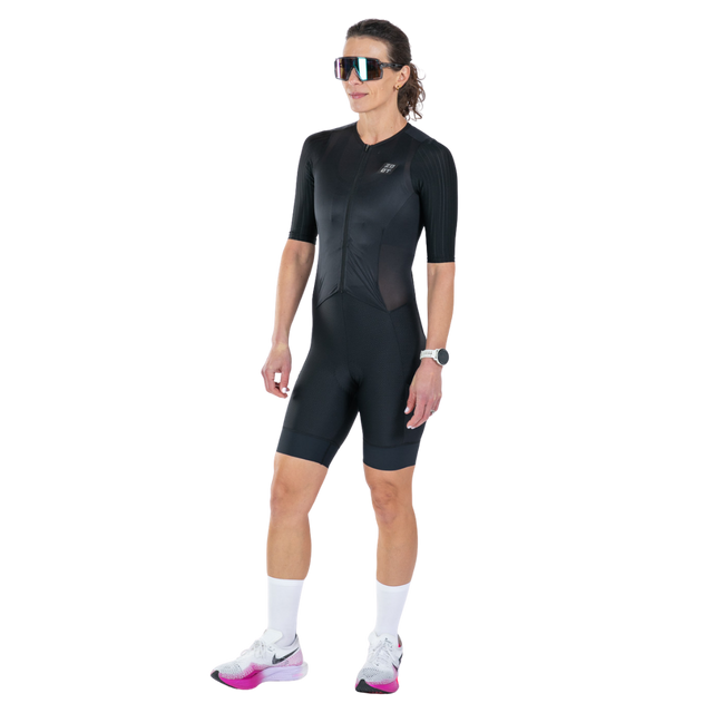 Zoot Women's Elite P1 Tri Aero FZ Racesuit in Jet Black colourway - front view