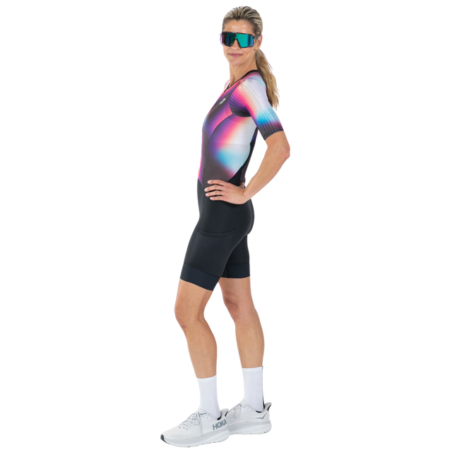 Zoot Women's Elite P1 Tri Aero FZ Racesuit in Sonic Shift colourway - side view